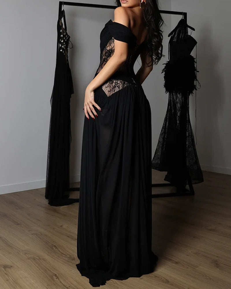 Koryden Off Shoulder Lace Split Maxi Dress