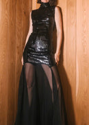 Ryxaris Sequin Mesh Insert Maxi Dress In Black