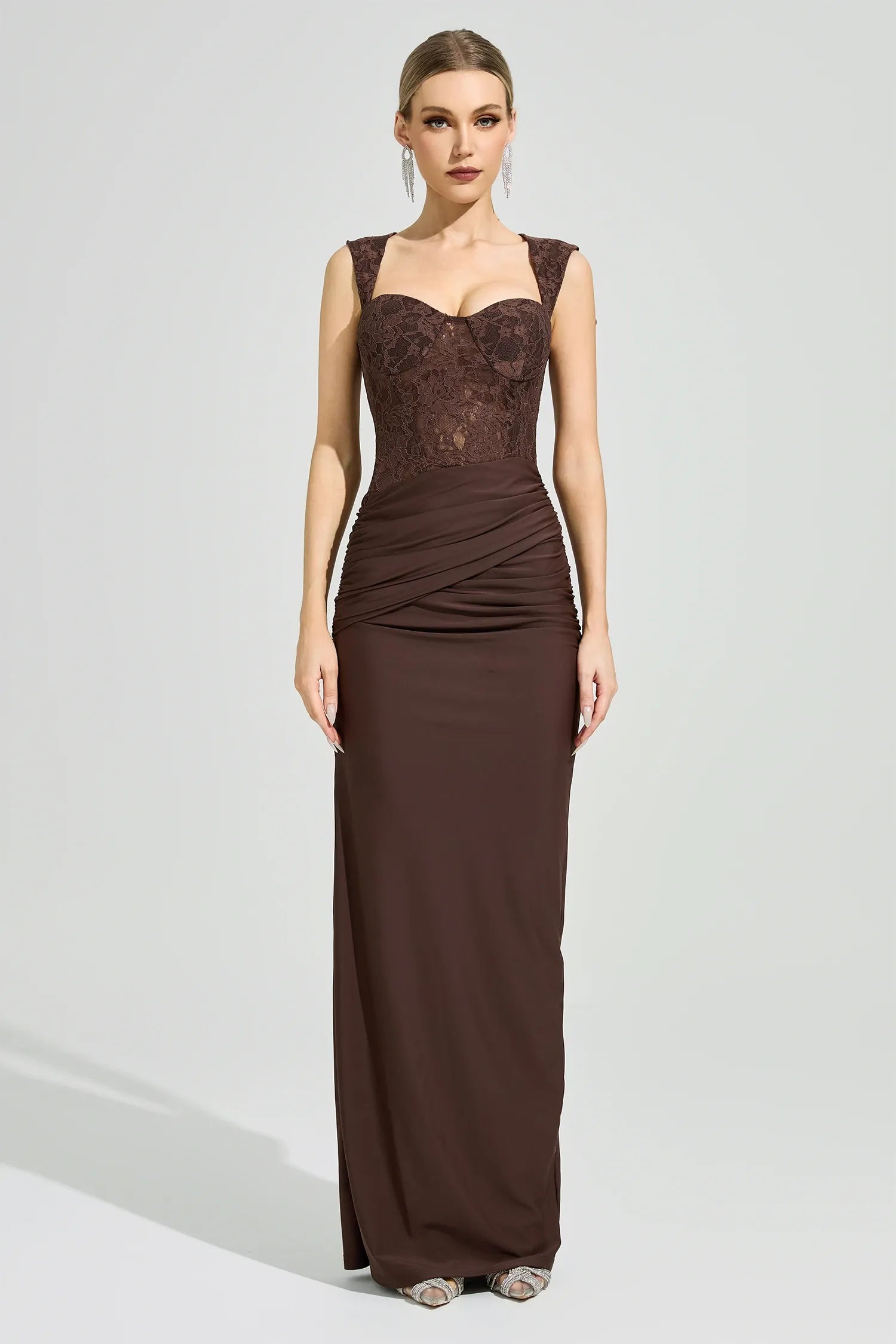 Luxyvar Lace Bustier Draped Maxi Dress In Brown