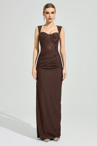 Luxyvar Lace Bustier Draped Maxi Dress In Brown