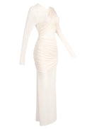 Ramesh Long Sleeve Mesh Insert Draped Maxi Dress In Apricot