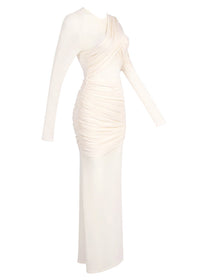 Ramesh Long Sleeve Mesh Insert Draped Maxi Dress In Apricot