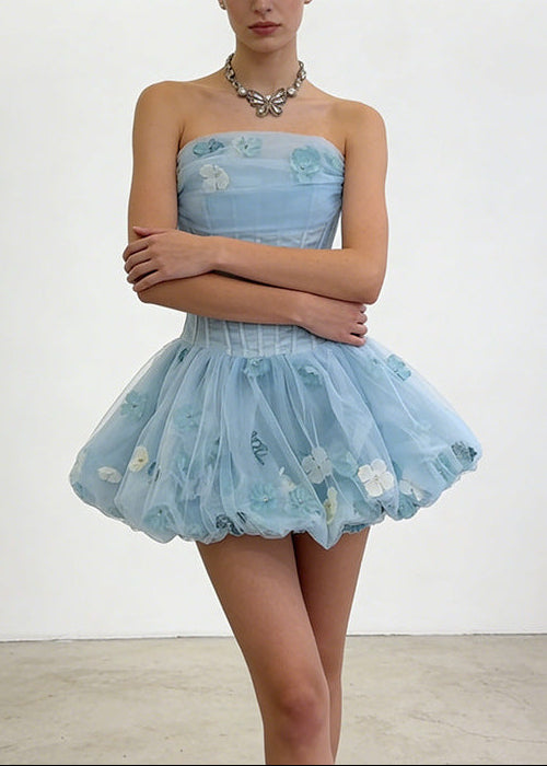 Alviva Strapless Floral Corset Bubble Mini Dress In Blue