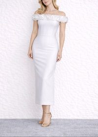 Battista Floral Bardot Midi Dress In White