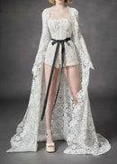 Leyati Strapless Floral Crochet Romper In White