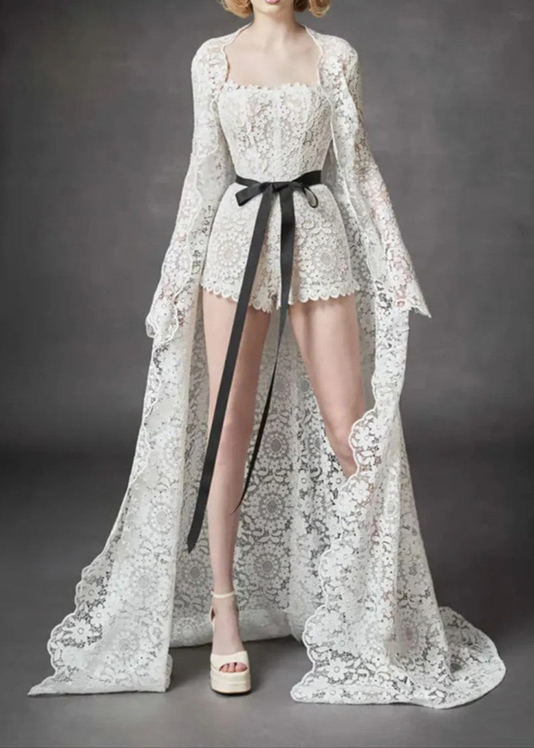 Leyati Strapless Floral Crochet Romper In White