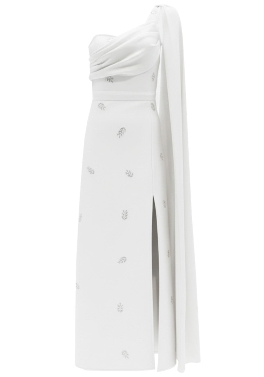 Vazvara One Shoulder Crystal Detail Maxi Dress In White