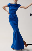 Cupid Slash Neck Pleated Maxi Dress In Blue