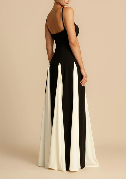 Clotilde Contrast Color Suspender Maxi Dress In Black