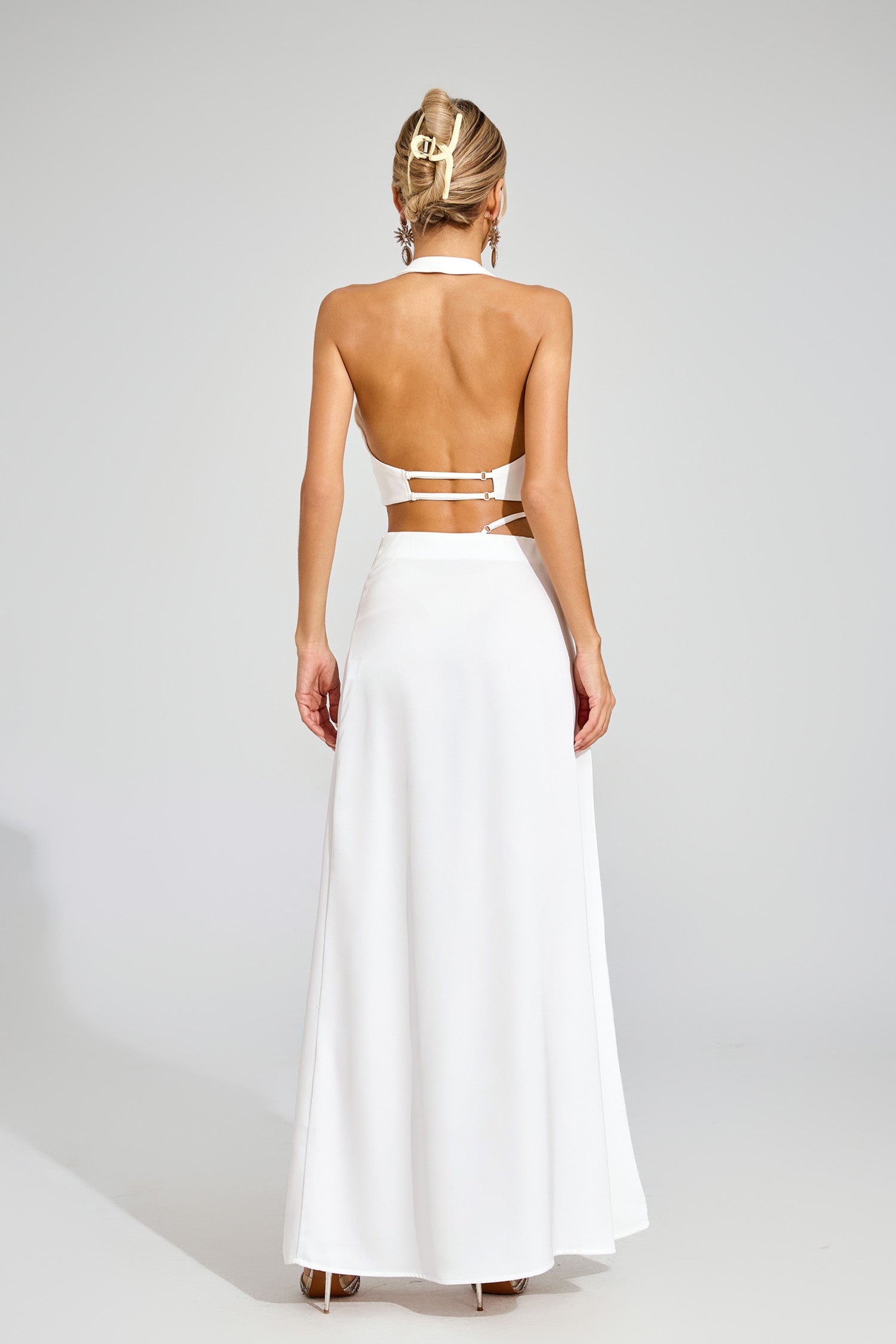 Susie Silk Crop Top Maxi Skirts 2 Pieces Sets In White