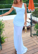 Ryron One Shoulder Corset Draped Maxi Dress In Blue