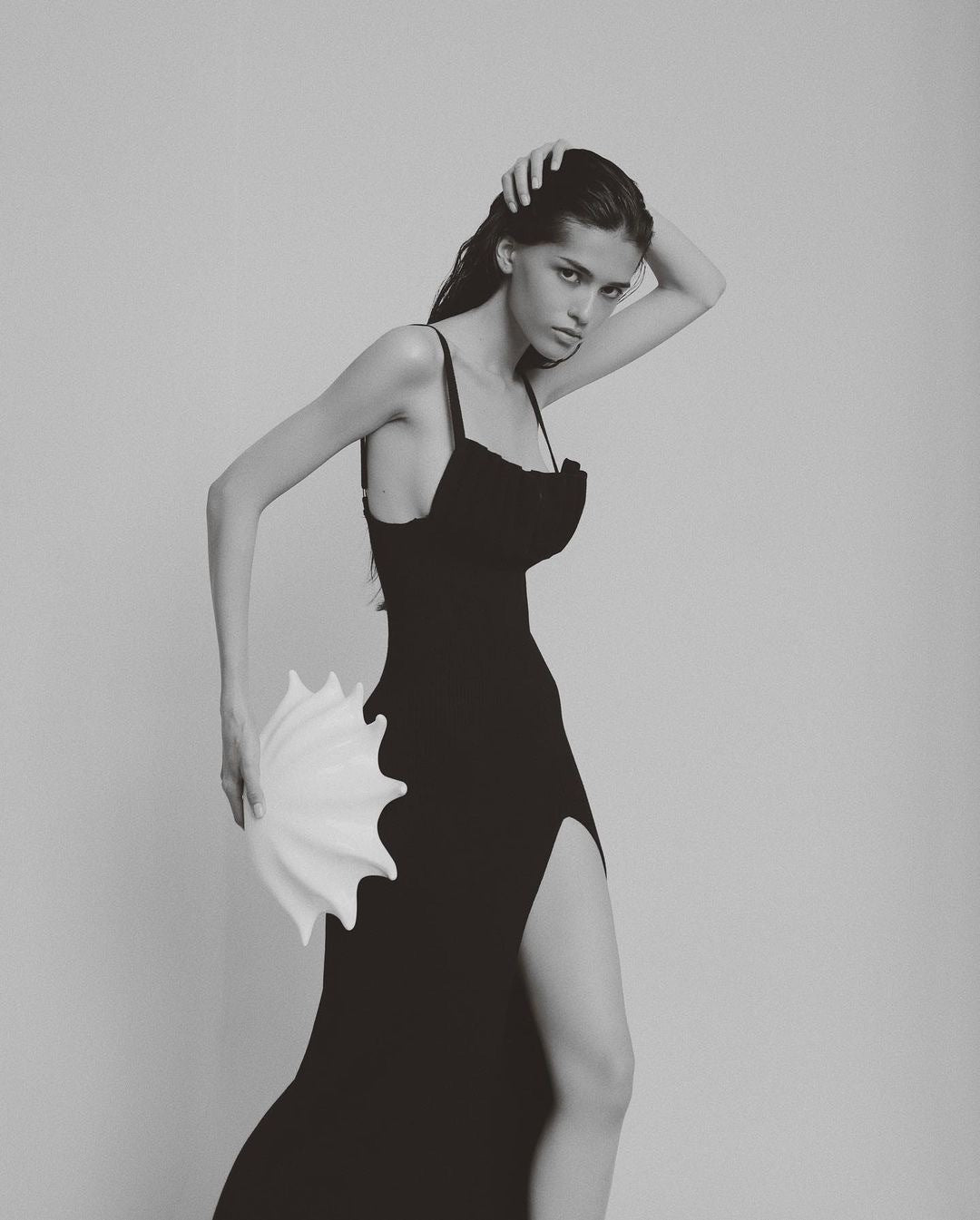 Agnes Shell Breast Knitted Midi Dress In Black