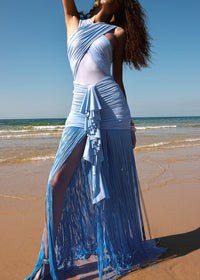 Haeldrin Draped Ruffle Tassel Maxi Dress In Blue