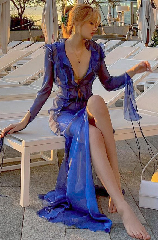 Fuffy Long Sleeve Mesh Split Maxi Dress In Blue Night Novas Fuffy Long Sleeve Mesh Split Maxi Dress In Blue Night Novas