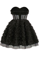 Osorio Strapless 3D Floral A Line Mini Dress In Black