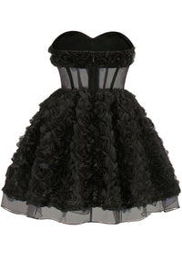 Osorio Strapless 3D Floral A Line Mini Dress In Black