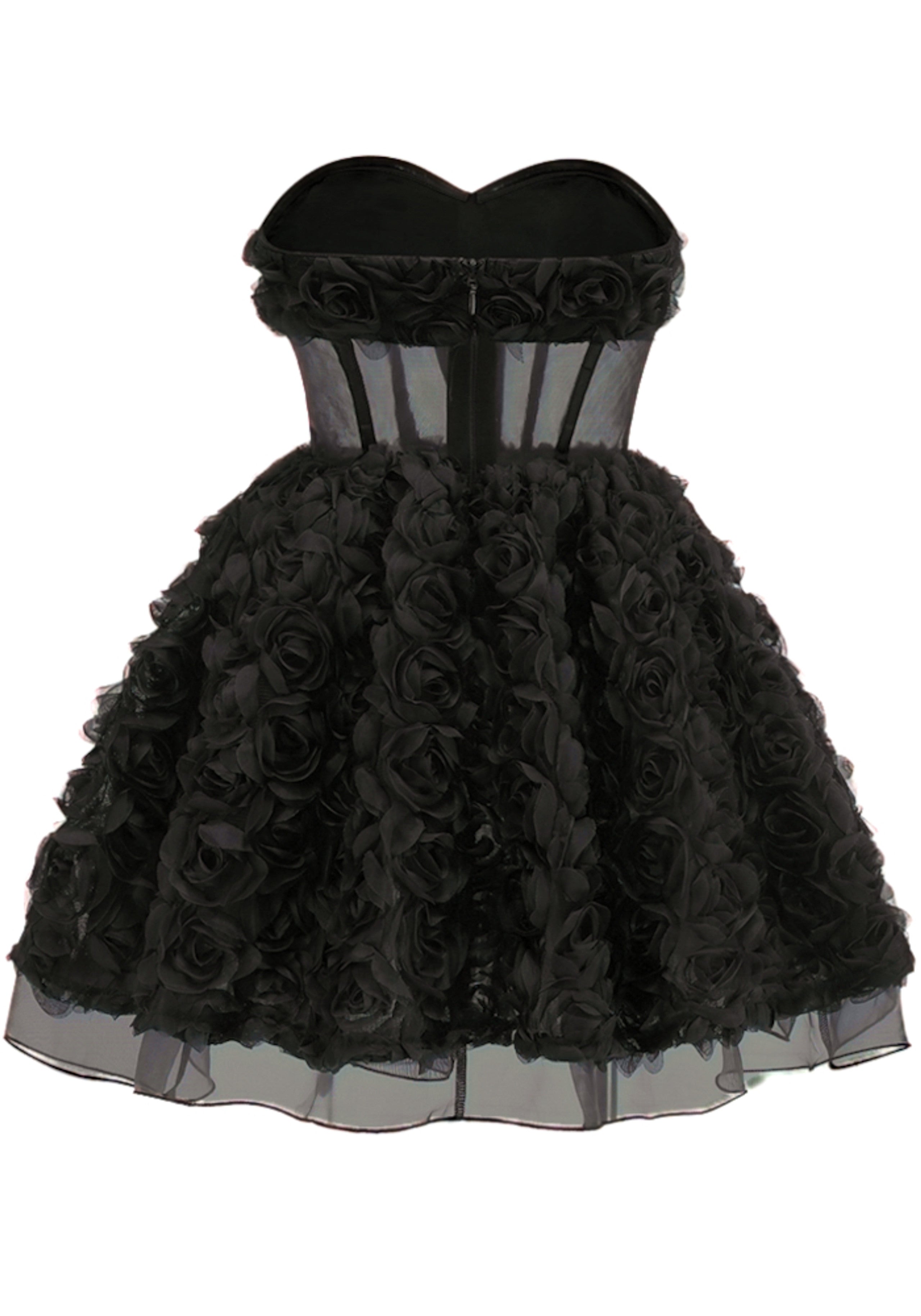 Osorio Strapless 3D Floral A Line Mini Dress In Black