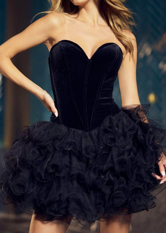 Allston Strapless Ruffled Organza Corset Mini Dress In Black