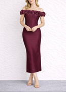 Battista Floral Bardot Midi Dress In Burgundy
