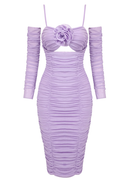 Regina Long Sleeve Ruched Floral Midi Dress In Lavender