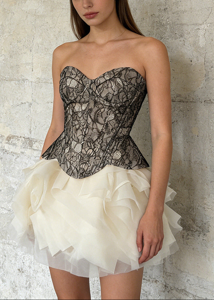 Xyrona Strapless Lace Corset Ruffle Two Piece Mini Dress