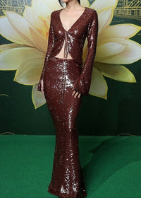 Damla Long Sleeve Sequin Two Piece Maxi Dress In Brown