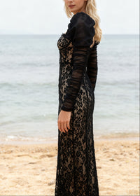 Farhad Puff Long Sleeve Lace Maxi Dress In Black
