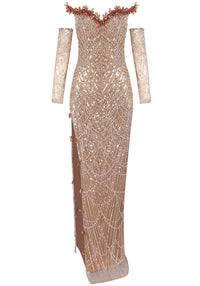 Cyvra Strapless Crystal Sequin Maxi Dress In Gold