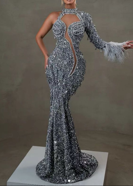 Jaron One Sleeve Sequin Maxi Dress In Grey