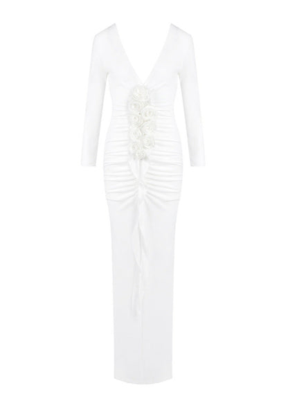Syvrix V Neck 3D Floral Draped Maxi Dress In White