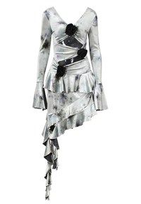 Tazeda Tie Dye Asymmetric Fringe Floral Midi Dress