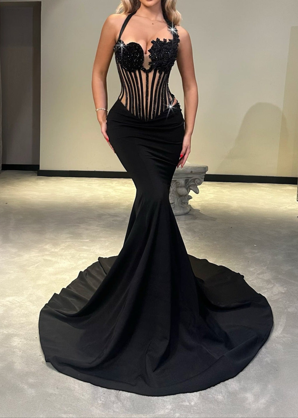 Afanen Sequin Floral Corset Maxi Velvet Dress In Black