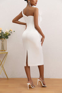 Zayne Mesh Flower One Shoulder Midi Dress In White