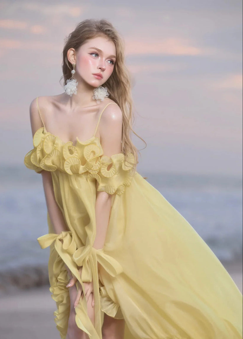 Exvira Spaghetti Ruffle Asymmetric Dress