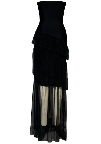 Syvanna Strapless Crystal Ruffle Maxi Dress In Black