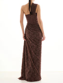 Minya One Shoulder Draped Lace Maxi Dress In Brown