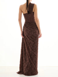 Minya One Shoulder Draped Lace Maxi Dress In Brown