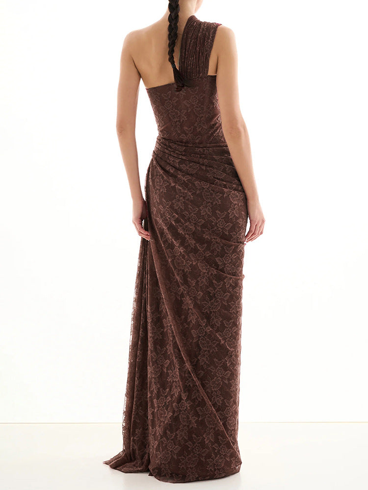 Minya One Shoulder Draped Lace Maxi Dress In Brown