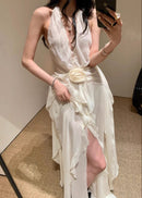 Cyvrix Floral Ruffle Halter Maxi Dress In White