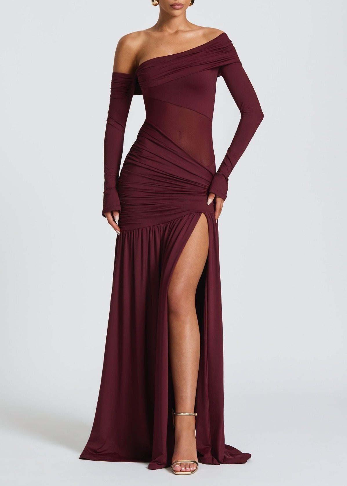 Ariane Burgundy One Shoulder Gathered Maxi Dress