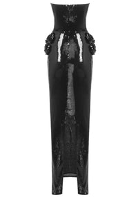 Asiah Strapless Sequin Floral Detail Maxi Dress In Black