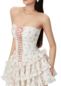 Lenker Strapless Floral Ruffle Corset Dress White In Pink