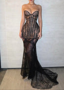 Ekram Strapless Lace Bustier Maxi Dress In Black