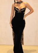 Jyressa Strapless Animal Print Bustier Maxi Velvet Dress In Black