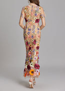 Chesley Floral Embroidery Mesh Fishtail Midi Dress In Brown