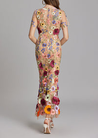 Chesley Floral Embroidery Mesh Fishtail Midi Dress In Brown