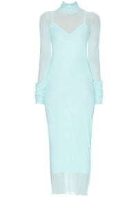 Avaldric Ruffle Long Sleeve Mesh Maxi Dress In Turquoise