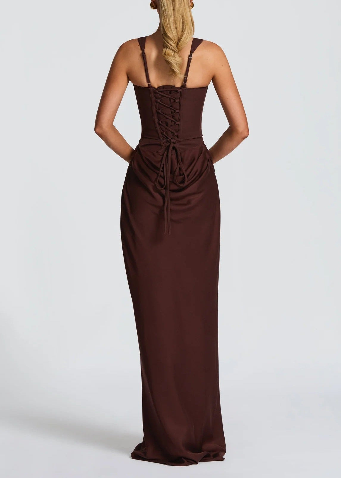 Feyza Corset Draped Maxi Dress In Brown