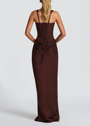 Feyza Corset Draped Maxi Dress In Brown