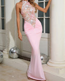 Kyxara Halter Floral Sequin Embroidered Maxi Dress In Pink